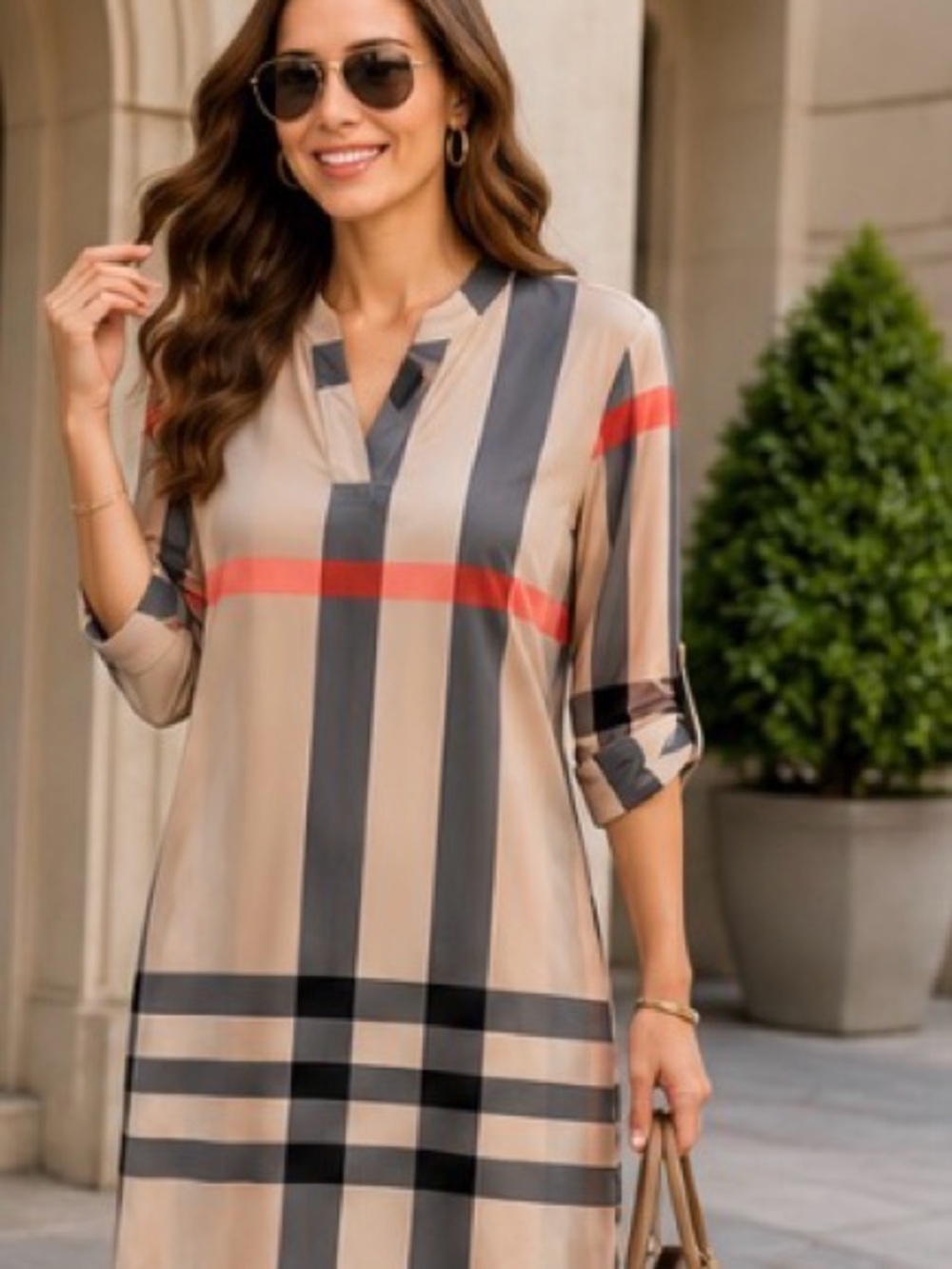 Haute Edition Plaid Shift Dress Roll Tab Sleeves Size L‎